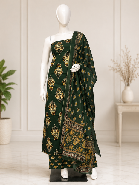 Bottle Green Floral Printed Cotton Suit Set