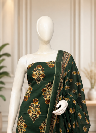 Bottle Green Floral Printed Cotton Suit Set