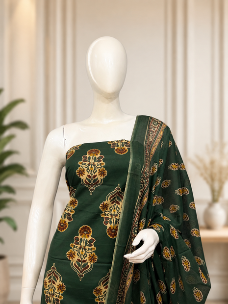 Bottle Green Floral Printed Cotton Suit Set