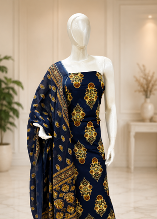 Navy Blue Floral Printed Cotton Suit Set