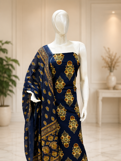 Navy Blue Floral Printed Cotton Suit Set