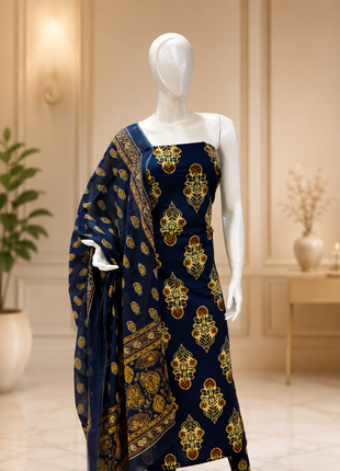 Navy Blue Floral Printed Cotton Suit Set