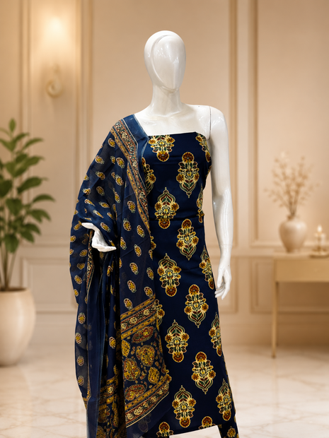 Navy Blue Floral Printed Cotton Suit Set
