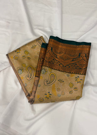 Beige & Emerald Green Woven Zari Banarasi Silk Saree