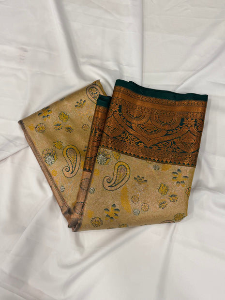 Beige & Emerald Green Woven Zari Banarasi Silk Saree