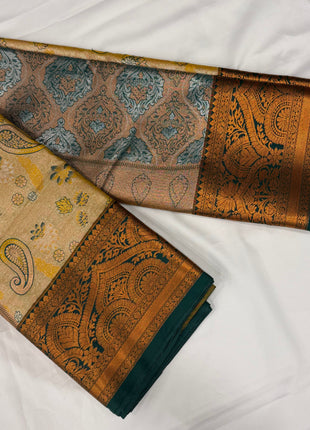 Beige & Emerald Green Woven Zari Banarasi Silk Saree
