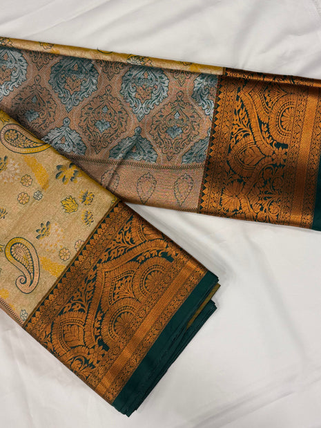 Beige & Emerald Green Woven Zari Banarasi Silk Saree