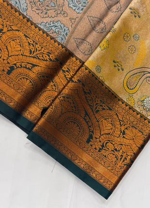 Beige & Emerald Green Woven Zari Banarasi Silk Saree