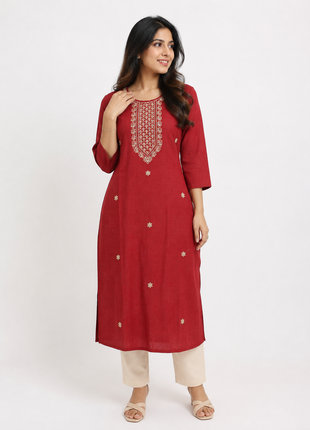 Coffee Red Embroidered Straight Kurti with Mirror Work Yoke