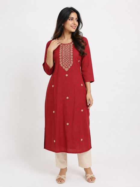 Coffee Red Embroidered Straight Kurti with Mirror Work Yoke