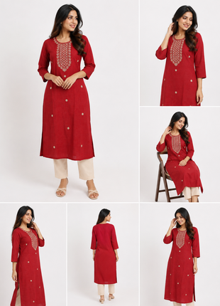 Coffee Red Embroidered Straight Kurti with Mirror Work Yoke