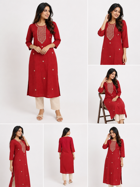 Coffee Red Embroidered Straight Kurti with Mirror Work Yoke