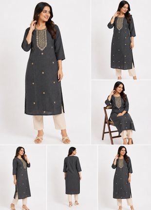 Charcoal Grey Embroidered Straight Kurti with Mirror Work Yoke