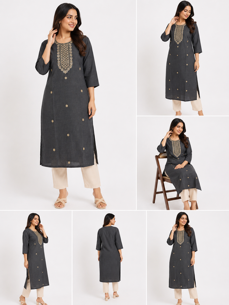 Charcoal Grey Embroidered Straight Kurti with Mirror Work Yoke
