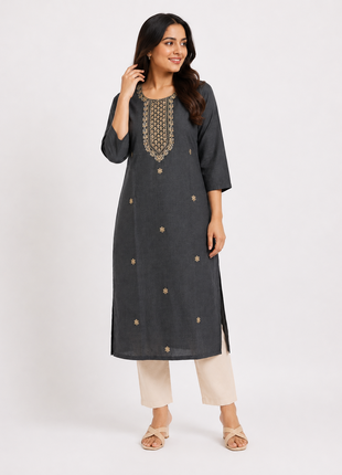 Charcoal Grey Embroidered Straight Kurti with Mirror Work Yoke