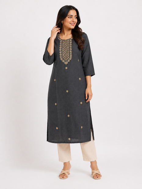 Charcoal Grey Embroidered Straight Kurti with Mirror Work Yoke