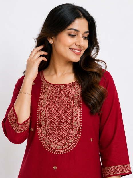 Crimson Red Heavy Embroidered Kurti