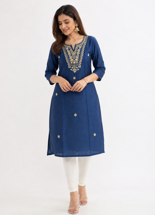 Navy Blue Embroidered Straight Kurti with V-Neck Yoke Work