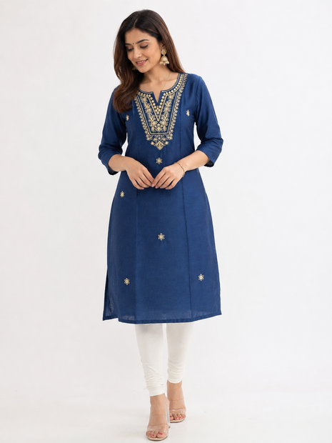 Navy Blue Embroidered Straight Kurti with V-Neck Yoke Work