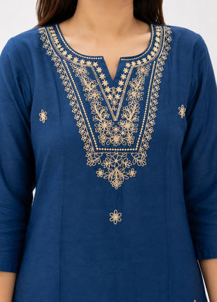 Navy Blue Embroidered Straight Kurti with V-Neck Yoke Work