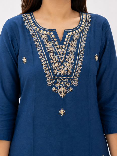 Navy Blue Embroidered Straight Kurti with V-Neck Yoke Work