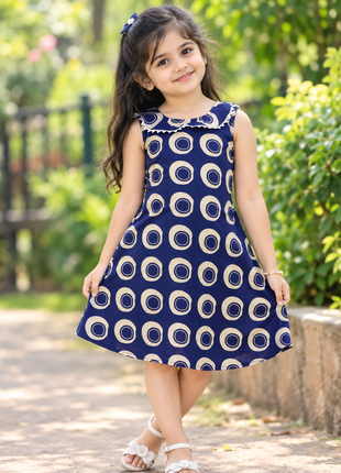 Navy Blue Printed Cotton A-Line Frock