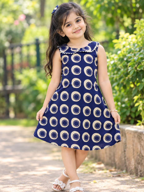 Navy Blue Printed Cotton A-Line Frock