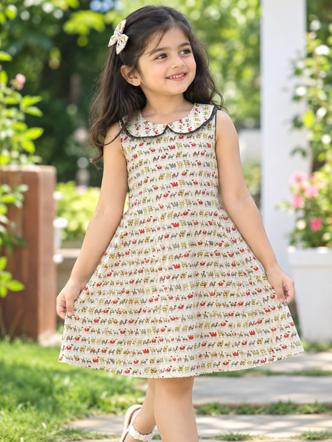 Desert Camel Printed Beige Cotton A-Line Frock