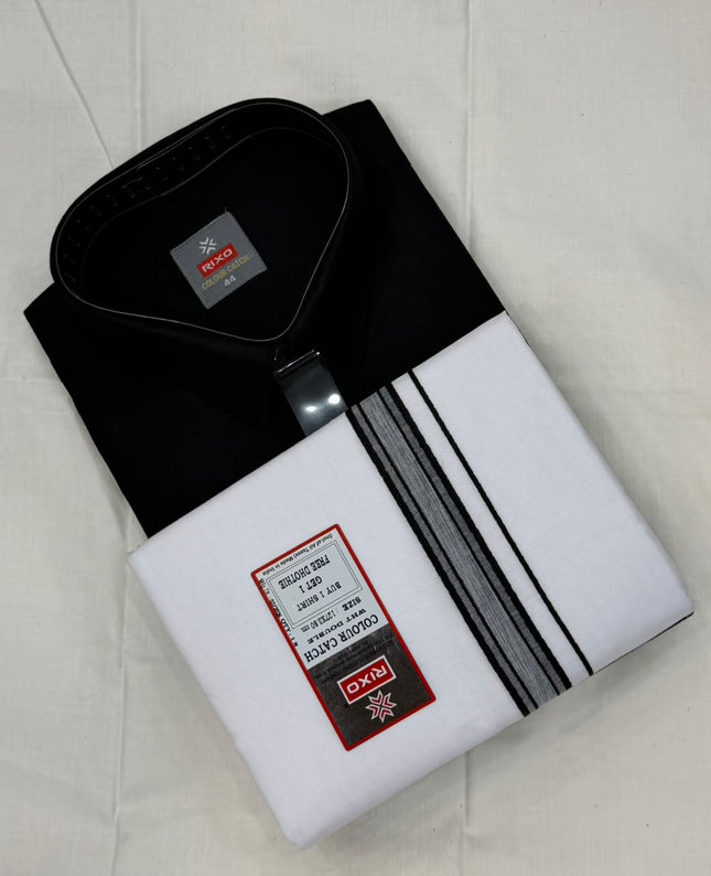 RIXO Men's Classic Black Shirt &amp; Matching Mundu Set