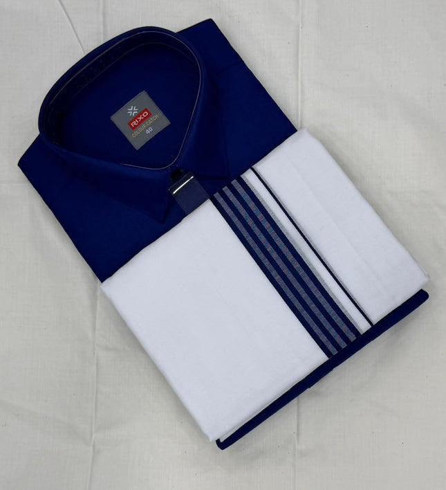 RIXO Men's Royal Blue Shirt &amp; Matching Mundu Set