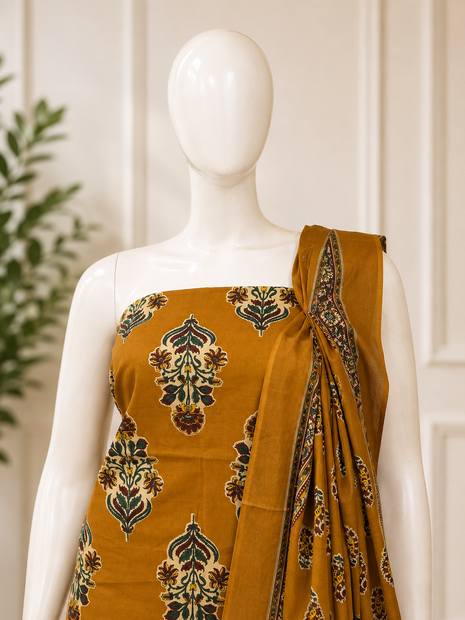 Mustard Yellow Printed Cotton Churidar Material Set