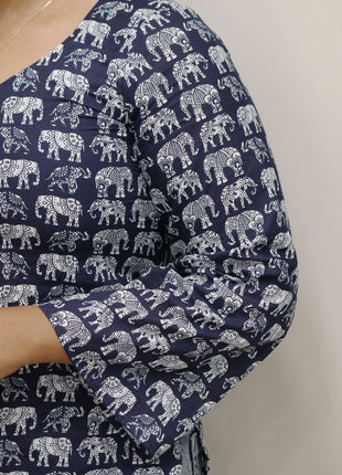Navy Blue Cotton Elephant Block Print Short Kurti with Flared Sleeves