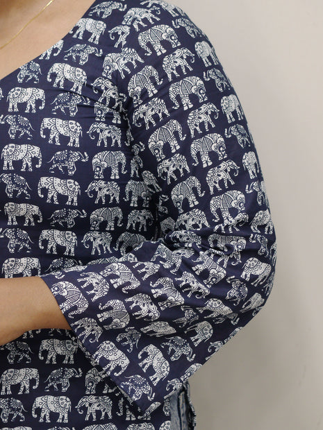 Navy Blue Cotton Elephant Block Print Short Kurti with Flared Sleeves
