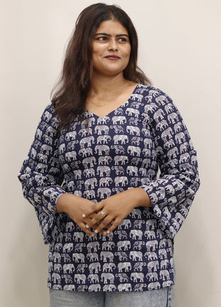 Navy Blue Cotton Elephant Block Print Short Kurti with Flared Sleeves