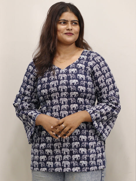Navy Blue Cotton Elephant Block Print Short Kurti with Flared Sleeves