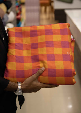 Vibrant Orange and Magenta Checked Cotton running material