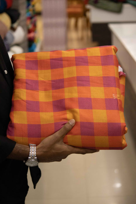 Vibrant Orange and Magenta Checked Cotton running material